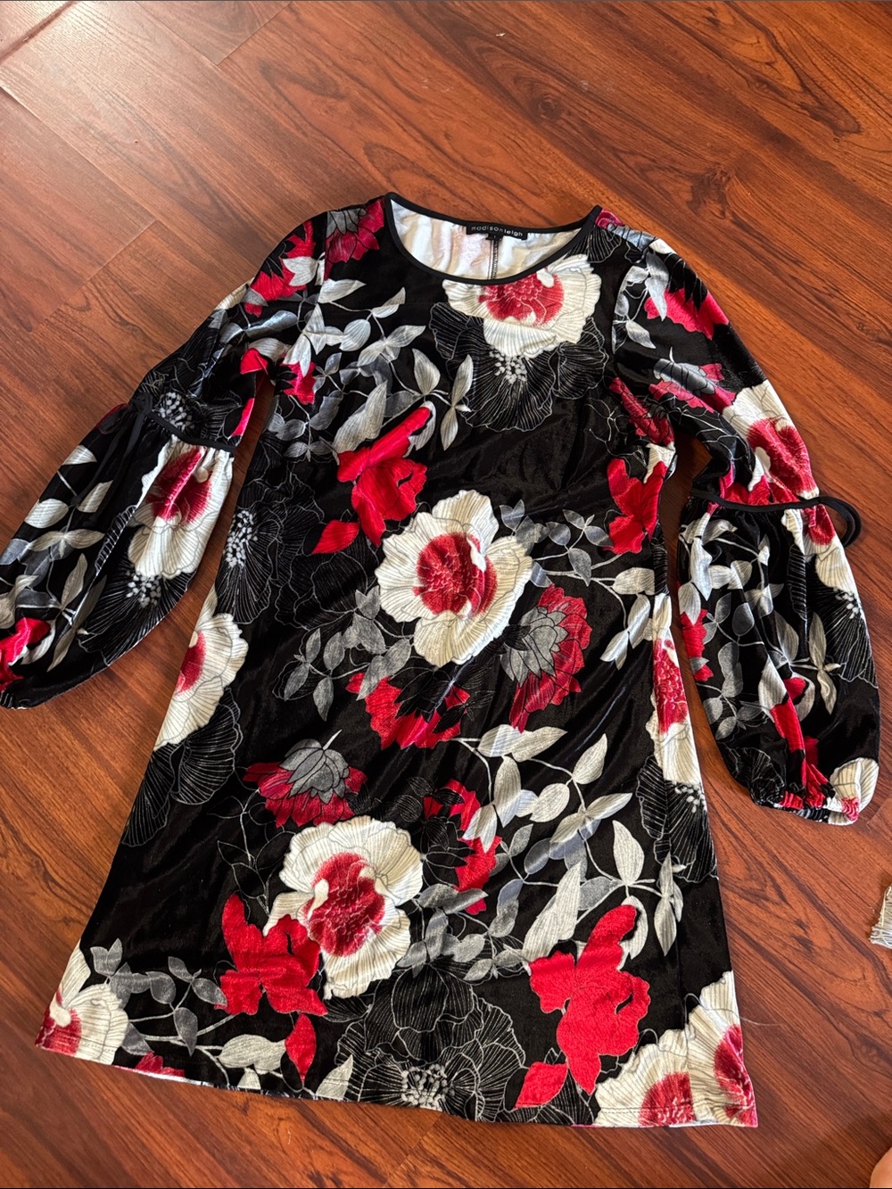 Black Floral Velvet Dress with Red & Cream Blooms